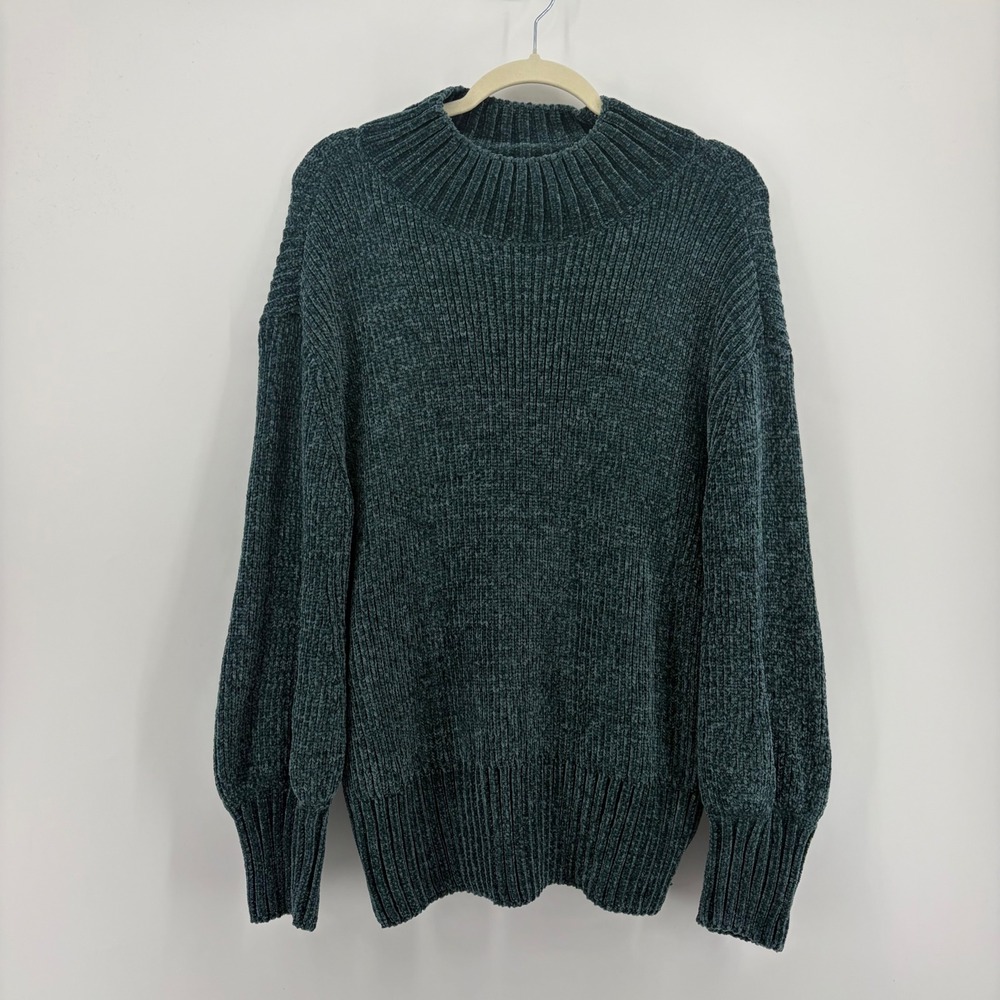 Cynthia Rowley Womens XL Green Sweater Chenille Ribbed Mock Neck Pullover